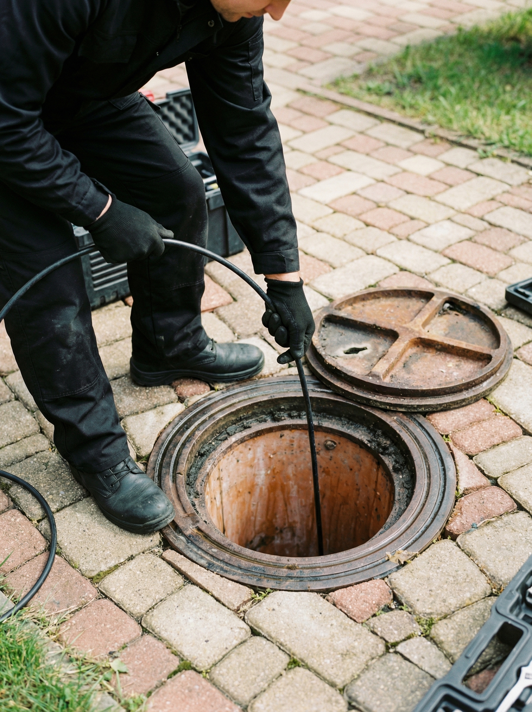 Profesionalus meistras atlieka vamzdynų diagnostiką ir valymą šulinyje